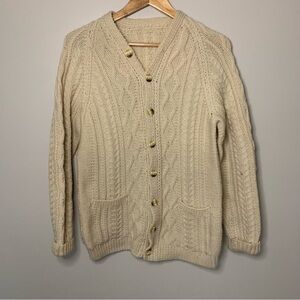 Women’s Aran Fisherman Cableknit Cardigan Sweater Medium Cream Wool